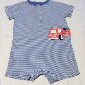 Carter's Blue and White Striped Baby Romper with Firetruck